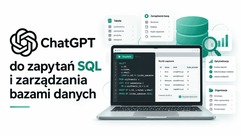 ChatGPT do zapytań SQL i zarządzania bazami danych – laptop z kodem SQL, wynikami zapytania i ikonami bazy danych