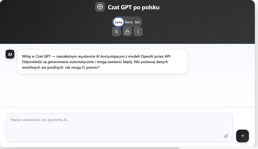 Interfejs czat-gpt.chat w wersji 2.1.0 z wybraną opcją Luna oraz przyciskami Terra i Sol