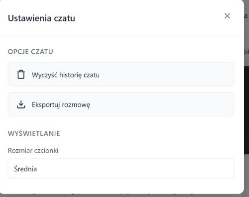 Panel ustawień czat-gpt.chat z czyszczeniem, eksportem i rozmiarem czcionki