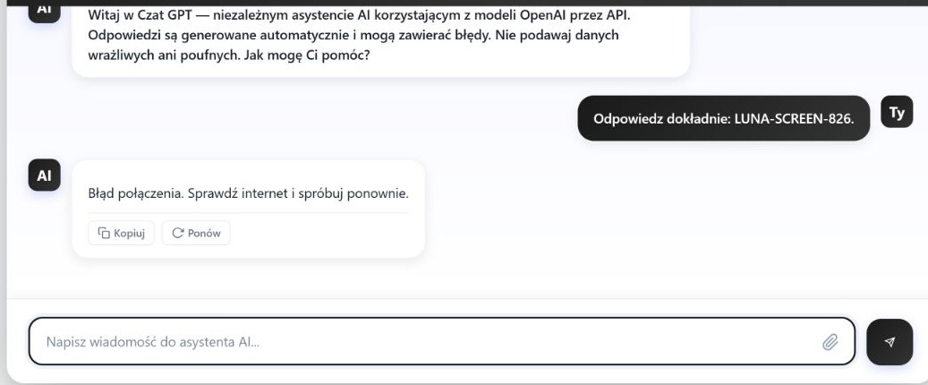 Wynik testu Luna 26 sierpnia 2026 r.: komunikat błędu połączenia w publicznym interfejsie czat-gpt.chat